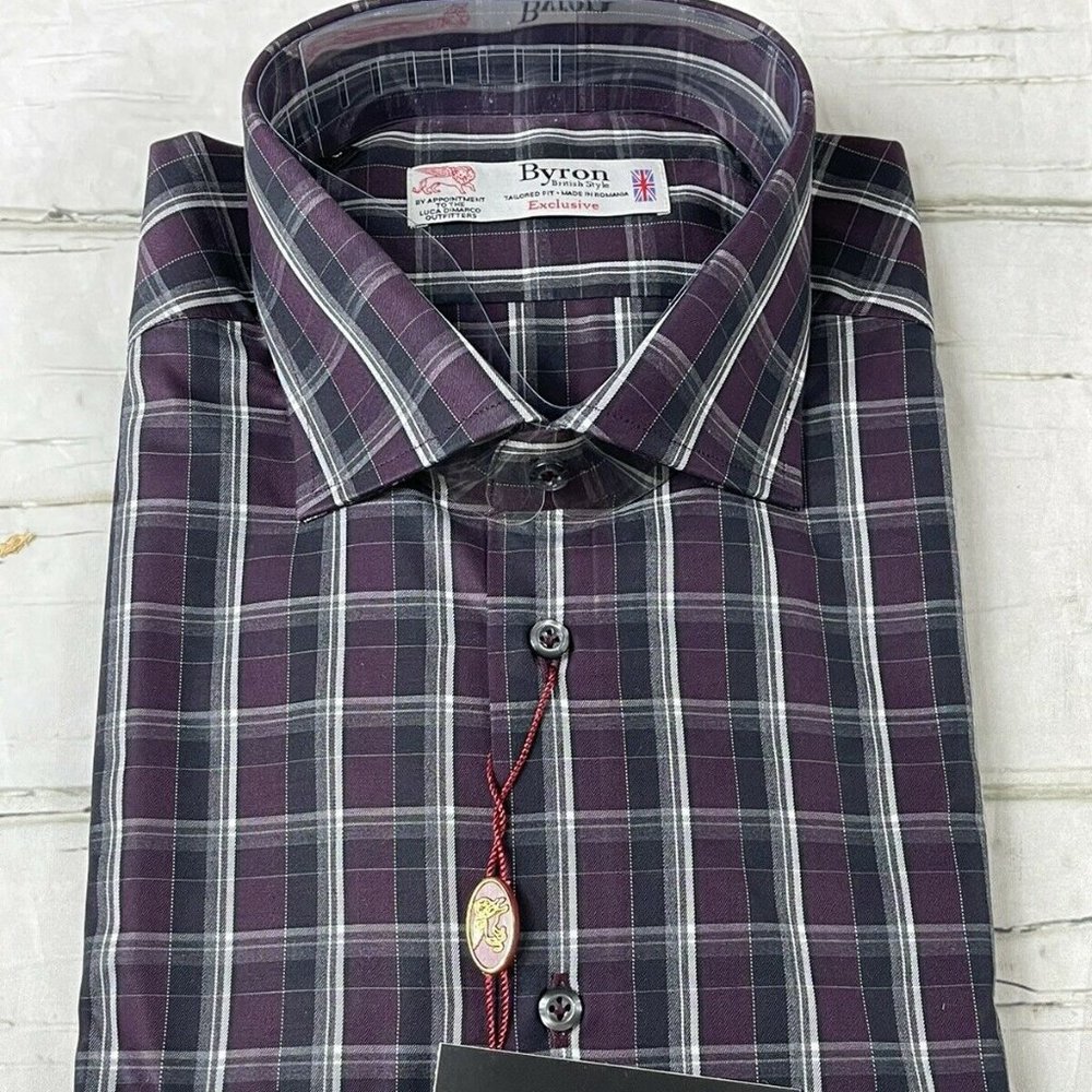 Luxury Byron British Style Italian Purple Cotton 2 Ply Casual Button L NWT $198